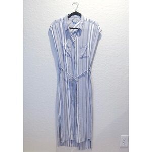 KAVU La Paz Striped Button Up Sleeveless Shirt Dress Size S Blue Ivory Rayon